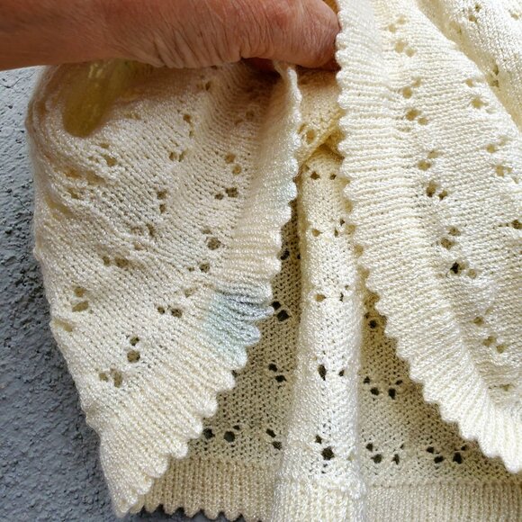 Vintage Hand Knit Baby Dress & Booties Set Off White Crochet Edges Pom Poms - Picture 5 of 10